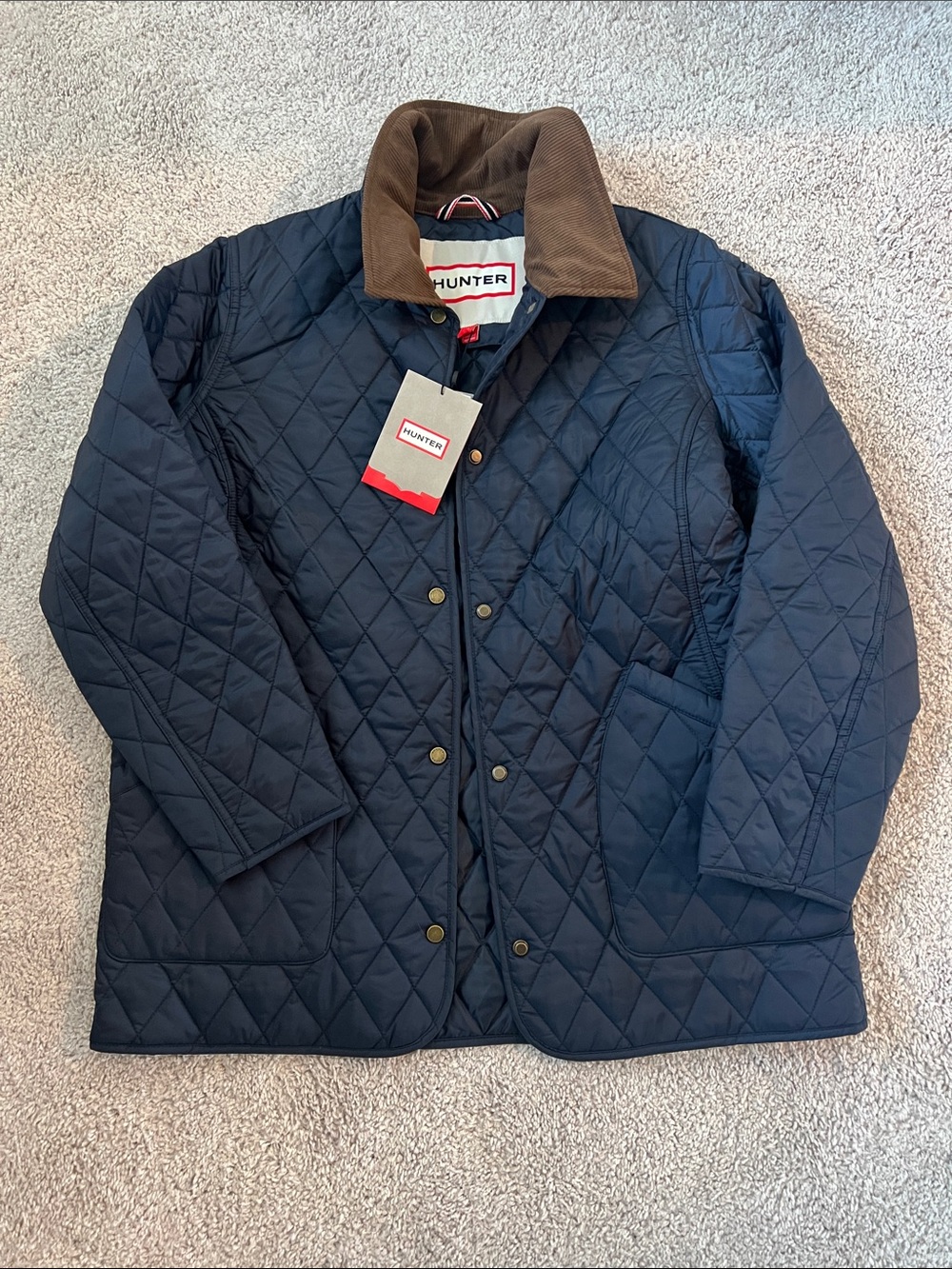 NEW mens large hunter jacket navy brown corduroy collar quilted coat large